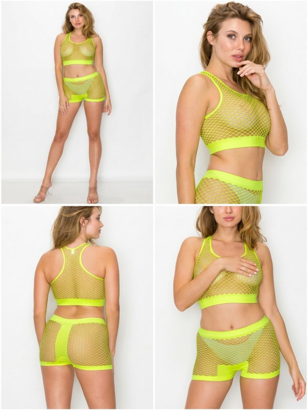 Neon Yellow Fishnet Crop Top Shorts Set Swim Cover Up Clubwear Lingerie NEW